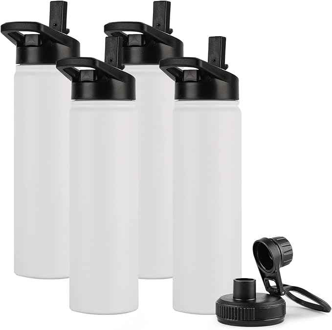 DOMICARE Insulated Water Bottle, 22 oz Vacuum Insulated Stainless Steel Reusable Sports Bottle with Straw Lid & Spout Lid for Travel, Camping, Bike, Leakproof, White, 4 Pack