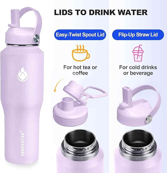 SENDESTAR Water Bottle,Wide Mouth Stainless Steel Vacuum Insulated Double Wall Keep Liquids Cold or Hot All Day,Sweat Proof Sport Design,Fit Car Cup Holder,Light purple,32 Ounces