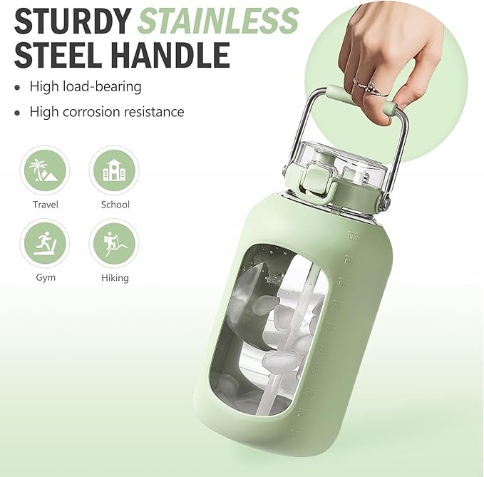 BLUEGO 100 oz Glass Water Bottle with Straw, Huge 3 Liter Water Bottle with Sturdy Handle, Glass Water Jug with Sleeve, Wide Mouth Water Container with Time Marker, Light Green