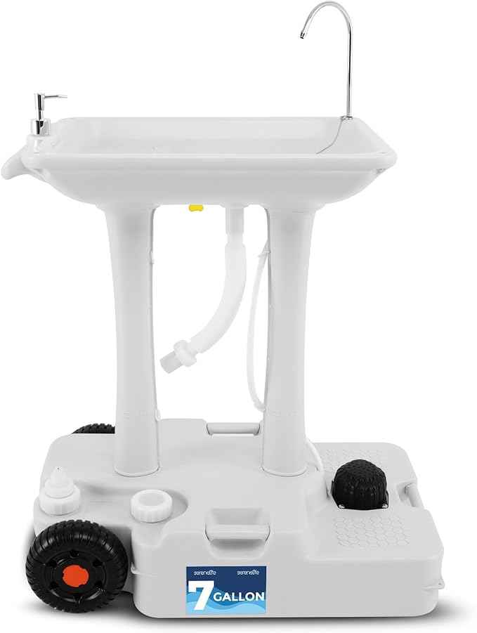 SereneLife Portable Camping Sink with 30L (7+ Gallon) Built-In Water Tank, Large Wheels, Hands-Free Foot Pump, Extra-Large Basin, and 5L Soap Dispenser – Ideal for Outdoors, Camping, and Worksites