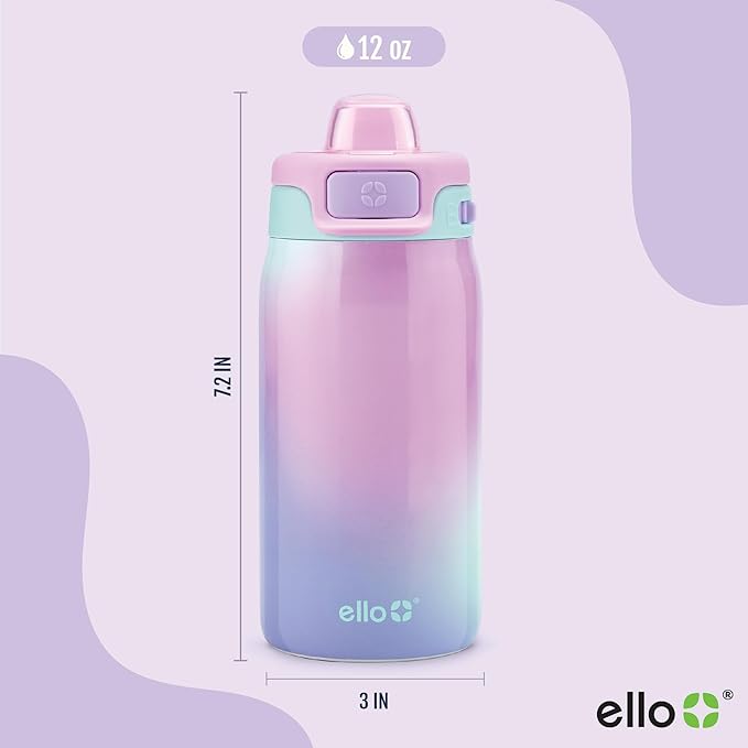 Ello Pop & Fill 12oz Stainless Steel Kids Water Bottle with Quick Fill Lid | Vacuum Insulated BPA Free Bottle with Leak Proof Straw and Chug Lid, Dishwasher Safe, Gift For Kids, Purple Watercolor
