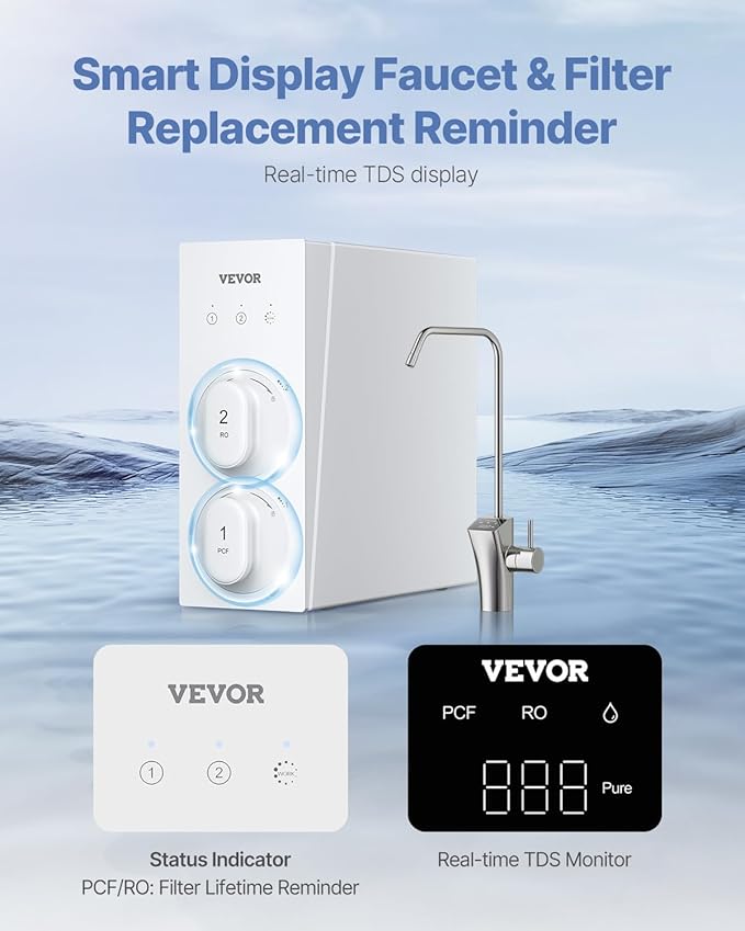 VEVOR Reverse Osmosis System, 800 GPD 8-stage Tankless Reverse Osmosis Water Filter, Under Sink Water Filtration System with Smart Display Faucet, 2:1 Pure to Drain Ratio