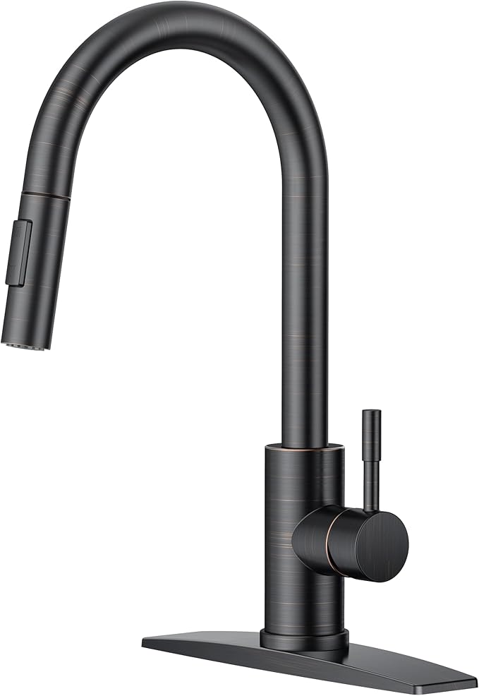 RIOUS Oil Rubbed Bronze Kitchen Faucet with Pull Down Sprayer, High Arc Modern Classic Sink Faucet Stainless Steel with Deck Plate Fit for 1 or 3 Hole for Pot Filler Bar Farmhouse Laundry Rv, ORB