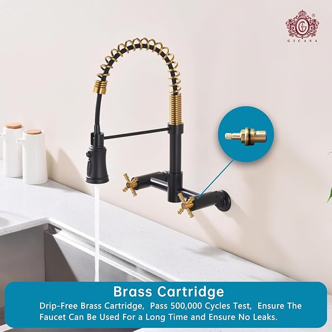 Wall Mount Kitchen Faucet, 8 Inch Center Wall Mount Faucet with Pull Down Sprayer, Commercial Spring Wall Faucet for Kitchen Sink, 3 Functions, Dual Handle, 304 Stainless Steel, Black and Brushed Gold