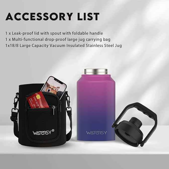 WATERSY 2/3 Gallon Water Bottle Insulated(Cold for 48 Hrs),BPA Free&Leak Proof,87oz Stainless Steel Water Jug/Flask,Big thermo,Large Water Bottle with Handle for Gym,Hiking,Camping,Gradient Purple