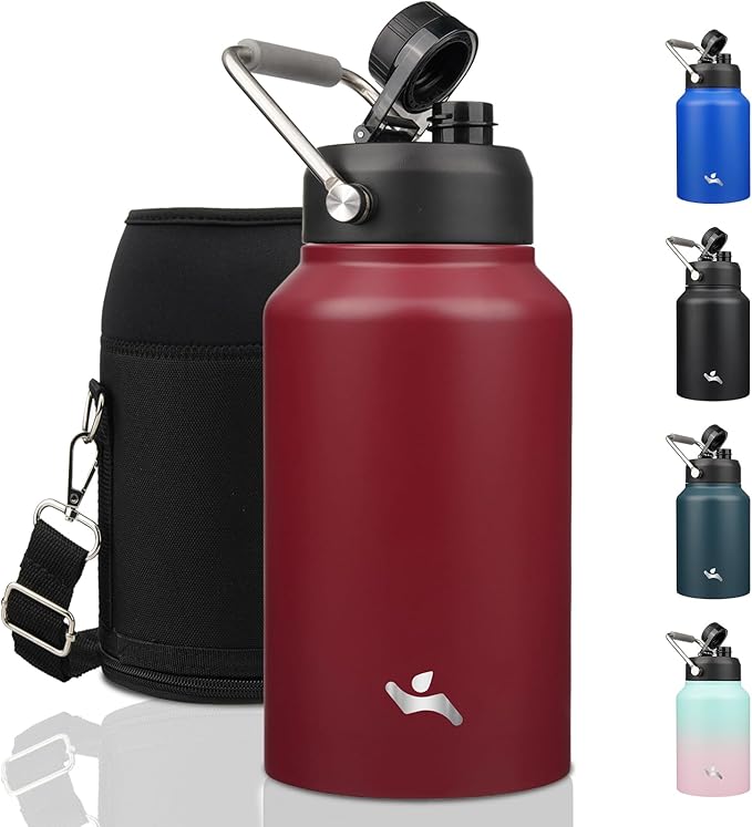 Jug with Handle,87 oz Insulated Water Bottle with Carrying Pouch, Double Wall Vacuum Stainless Steel Metal Bottle,Dark red