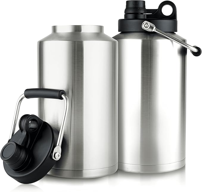 (Set of 2) 1 Gallon Water Bottle Insulated Stainless Steel Keeps Ice 48Hr, Large Water Gallon Jug Wide Mouth Leakproof Vacuum for Gym, Camping, & Construction