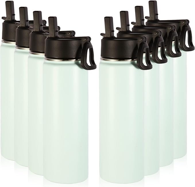 Volhoply Insulated Water Bottles with Straw Bulk 8 Pack, 22 oz Stainless Steel Sports Bottle with Handle Lid,Double Wall Vacuum Metal Travel Water Cups with Wide Mouth for School Hiking(Fog,8 Set)