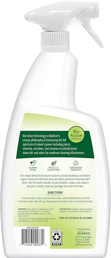 Biokleen Bac-Out Enzyme Stain Remover - 32 Ounce - Natural Foam Spray, Destroys Stains & Odors Safely, for Pet Stains, Laundry, Diapers, Wine, Carpets, Eco-Friendly, Non-Toxic, Plant-Based - AquaVibe