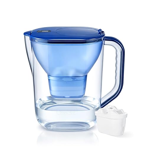 16-Cup Large Water Filter Pitcher with 1 Replacement Filter, BPA-Free Blue Drinking Water Filtration Jug for Tap Water, Reduces Chlorine, Limescale, Lead & Copper, High Capacity Water System
