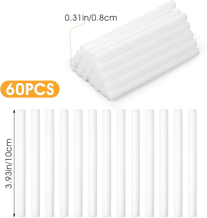 Cotton Stick Refills Cotton Tube Airfreshener Wick 60PCS Humidifier Filter Refill Sticks for Mini Portable USB Car Humidifier Diffuser Sponges Replacement 0.3 × 3.9 Inch Home Office Bedroom Use