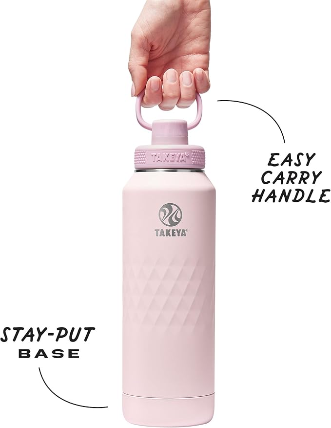 Takeya Sport 40 oz Triple-Insulated Stainless Steel Water Bottle, Spout Lid – Leakproof, Sweatproof, BPA-Free, Keeps Drinks Cold 36 Hrs, Hot 14 Hrs – Peony