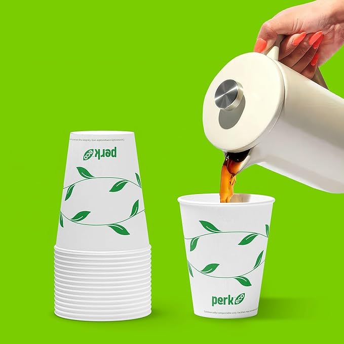 Perk Eco 12 Oz Compostable Paper Hot Cups, 50 Count Disposable Coffee Cups for Hot Beverages, White/Green
