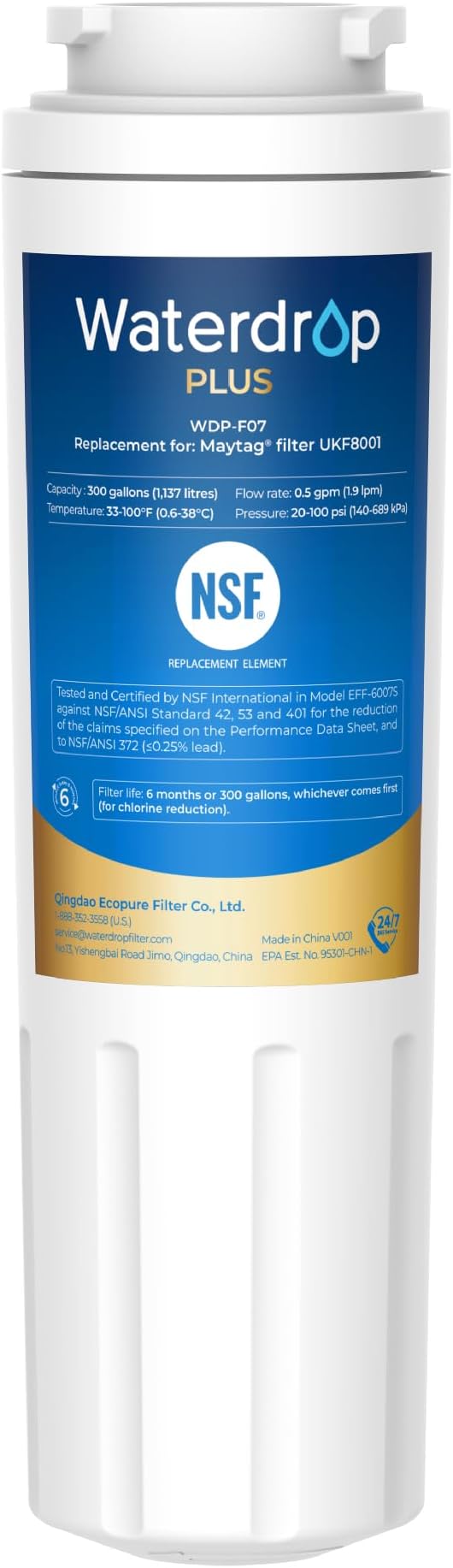 Waterdrop Plus UKF8001 NSF 401, 53 Certified Refrigerator Water Filter, 𝐑𝐞𝐝𝐮𝐜𝐞 𝐏𝐅𝐀𝐒, Replacement for Whirlpool® Everydrop® Filter 4, EDR4RXD1, Maytag® UKF8001AXX (Package May Vary) - AquaVibe