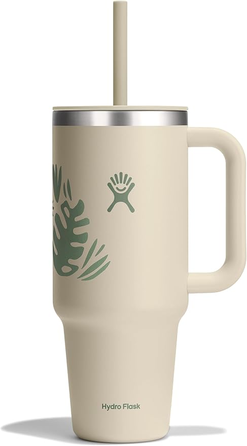 Hydro Flask Travel Tumbler with Handle, Lid and Straw - Insulated Stainless Steel in 40 Oz Botanical Bliss Coconut
