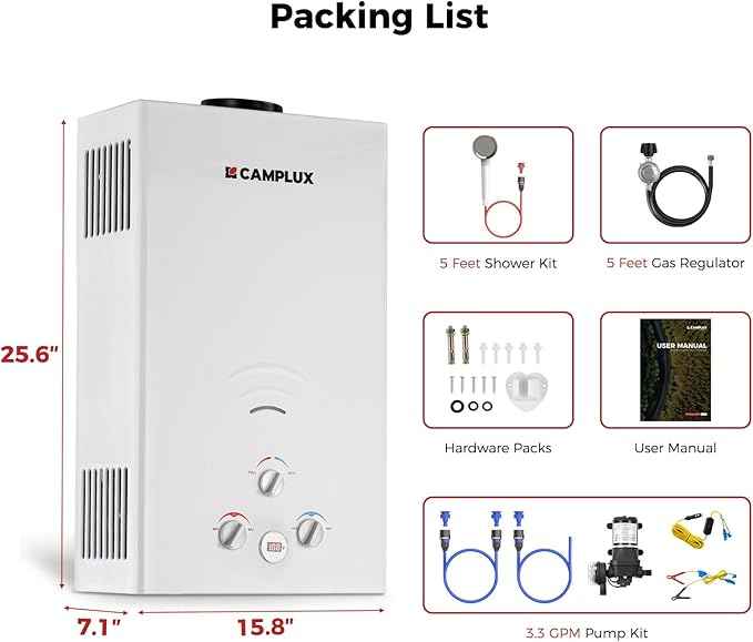 CAMPLUX 4.22GPM Propane Water Heater with 3.3 GPM Water Pump & Pipe Strainer, 110,000BTU Tankless Outdoor Water Heater, BW422P120