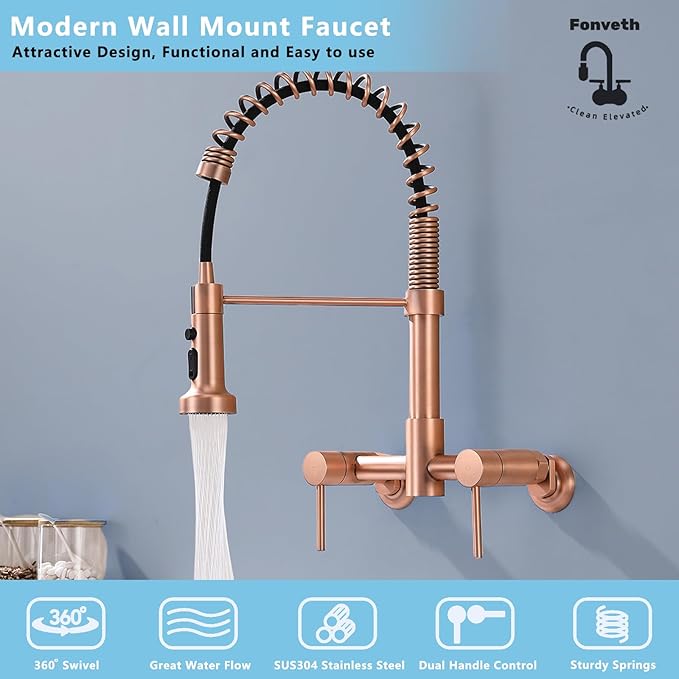 Wall Mount Kitchen Faucet Rose Gold, 8 Inch Center Wall Mount Kitchen Sink Faucet with Pull Down Sprayer with Sprayer Commercial, Red Copper