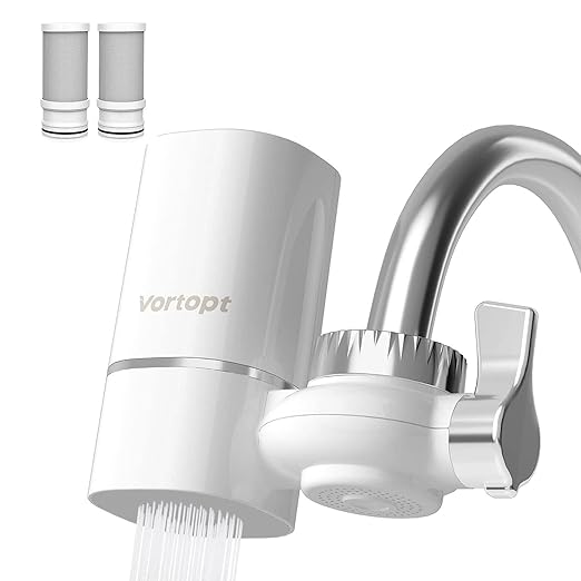 Faucet Water Filter for Sink, Rapid Flow - 400 Gallons Faucet Mount Water Filtration System for Tap Water, NSF Certified Reduces Chlorine & Bad Taste with 2 Replacements, T1