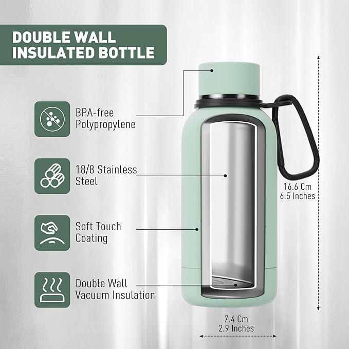 Exllena Small Water Bottle 12oz with Clip, Double Wall Stainless Steel Vacuum Small Insulated Water Bottle Keeps Drinks Cold 24 Hrs/Hot 12 Hrs for Kids Handbag School BPA Free (Mint)