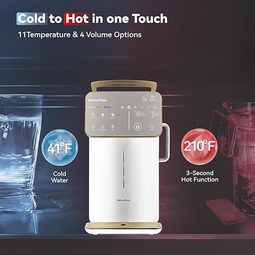 NatureFlow Y60AC（2nd Gen Cold & Hot Countertop Reverse Osmosis Water Mineralization System— Natural Mineral Activation, 10-Stage RO Filtration,Ultra Dual UV, Alkaline Water, 11-Temperature