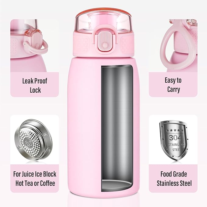 Insulated Water Bottle 12 oz with Dustproof Lid, Carry Handle & Tea Infuser, BPA-Free & Leakproof, Stainless Steel Water Bottles Ideal for Fitness, Hiking, Office & Outdoor Use （Water Pink ）