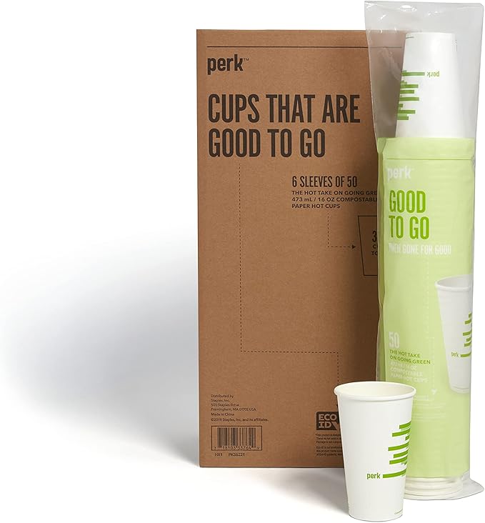 Perk Compostable Paper Hot Cups, 16 oz White/Green, Disposable Coffee Cups for Office & Catering