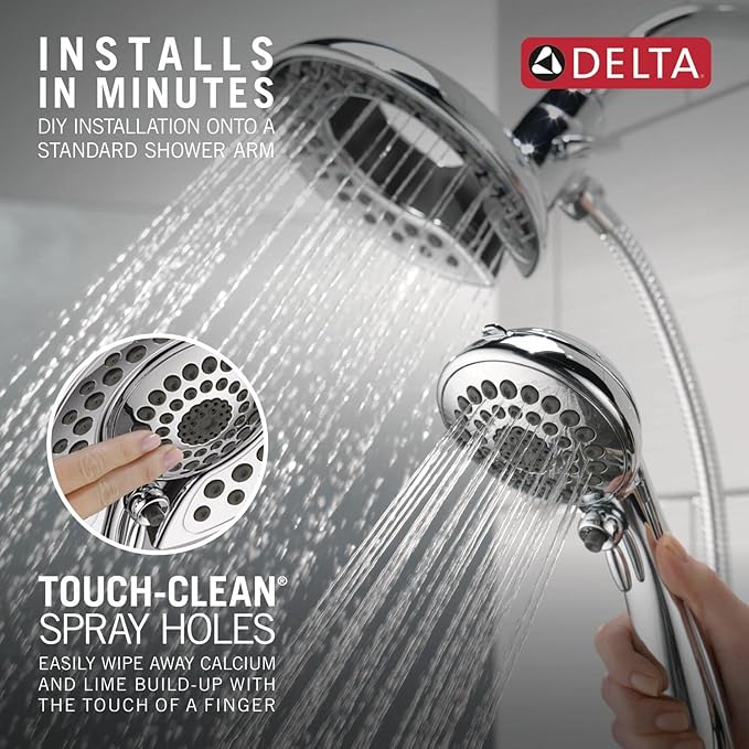Delta 5-Setting In2ition 2-in-1 Dual Shower Head with HandHeld Spray, Chrome Detachable Shower Head with Hose, Showerhead, 2.5 GPM Flow Rate, Lumicoat Chrome 58569-PR25-PK