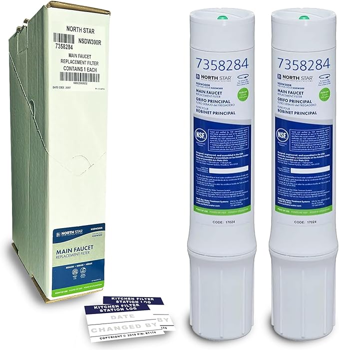 2-PACK NorthStar Main Faucet Filter Original Manufacturer Replacement (7358284) | For North Star NSDW300 Under Sink Water Filtration System Replacement Bundle with Reminder Stickers