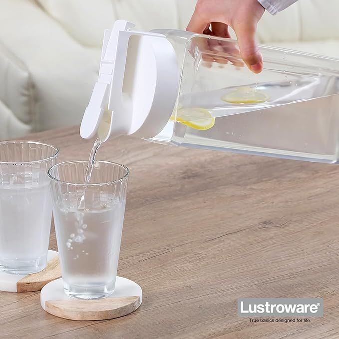 Lustroware SlideServe Slim Airtight Pitcher - 2.1L (70oz), Heat Resistant, BPA-Free SAN Plastic, Space-Saving, Made in Japan - White