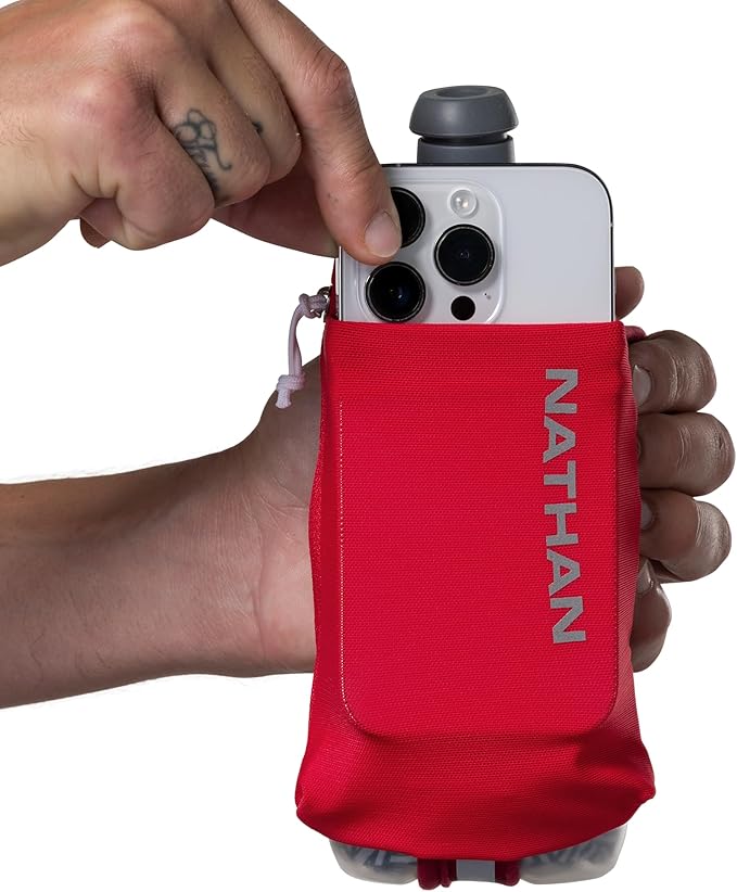 Nathan SpeedDraw 2 Insulated Handheld Running Water Bottle Flask – Double-Wall Insulation, Ergonomic Grip, Blast Valve Cap, Phone & Key Storage Pockets, Reflective Design - 12oz Insulated - Ribbon Red