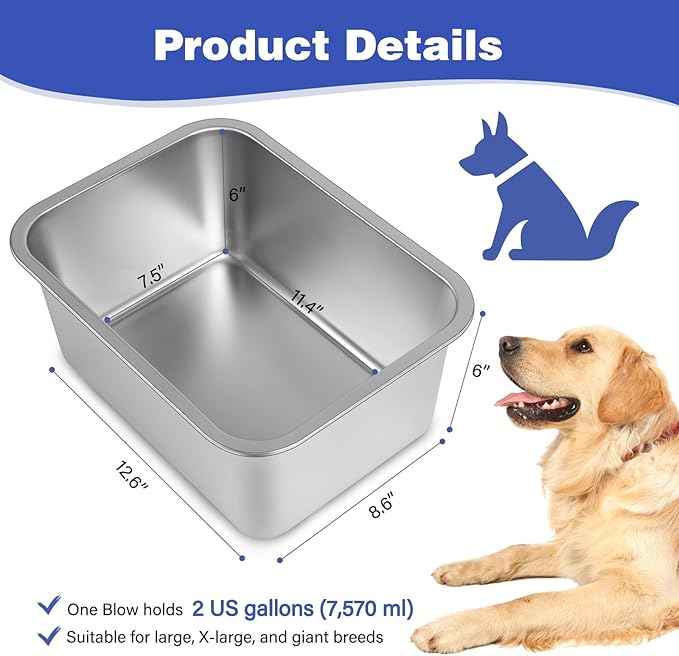 2 Gallons Large Dog Water Bowl, Stainless Steel Metal Dog Bowls, Large Capacity Pet Food Bowl Water Dish for Indoor and Outdoor Universal for Medium Dogs 12.6''×8.7''×5.9''