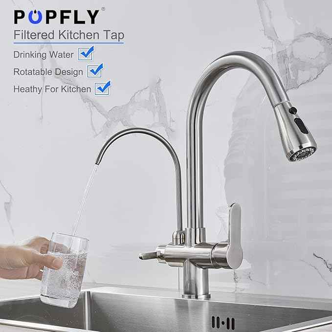 POPFLY Kitchen Faucet with Drinking Water Faucet, 3 in 1 Water Filter Purifier Faucet 2 Handles with Pull Down Sprayer, Brushed Nickel