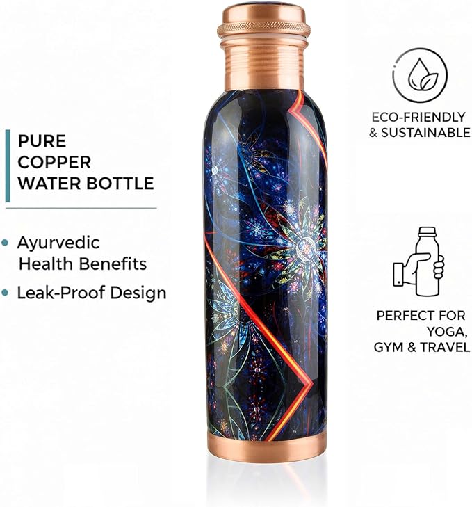 Pure Printed Copper Water Bottle - Leak Proof Ayurvedic Drinkware Copper Vessel for Sports, Gym, Outdoors, Yoga, Health Benefits