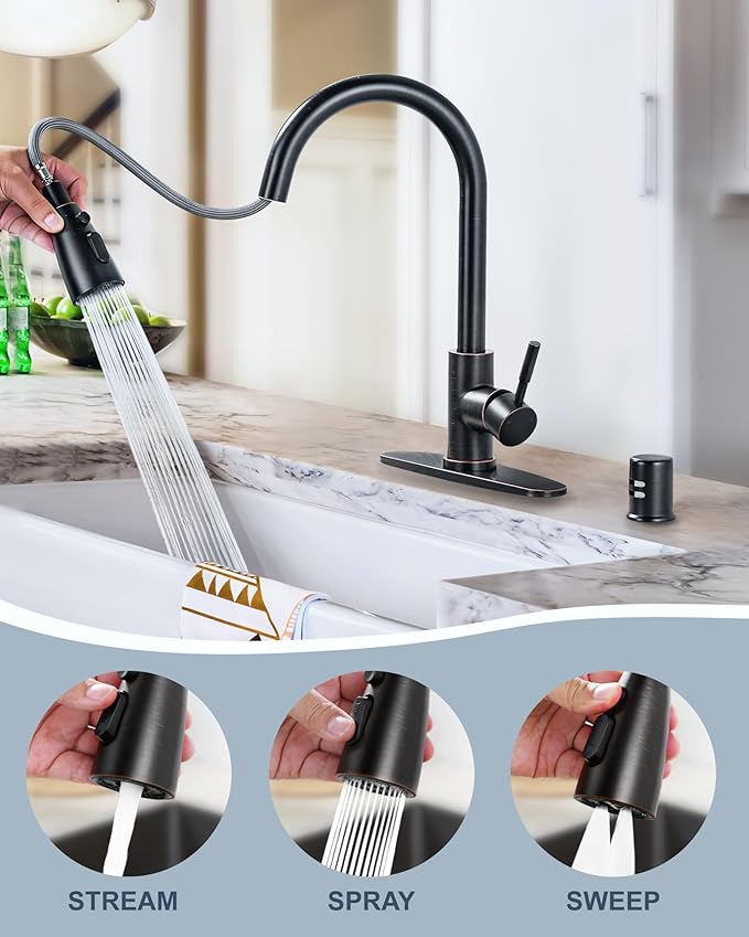 Kitchen Faucet with Air Gap: WOWOW Stainless Steel Kitchen Sink Faucet and Dishwasher Air Gap Kits for Kitchen Sink 2 or 4 Hole, Oil Rubbed Bronze Kitchen Faucet Combo with Sprayer
