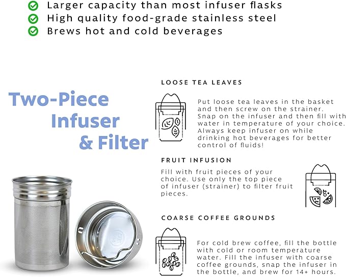 London Sip 25 oz Multi-Function Travel Mug and Tumbler Tea Infuser Water Bottle Fruit Infuser Flask Hot and Cold Double Wall Stainless Steel Coffee Thermos, Celestial Blue