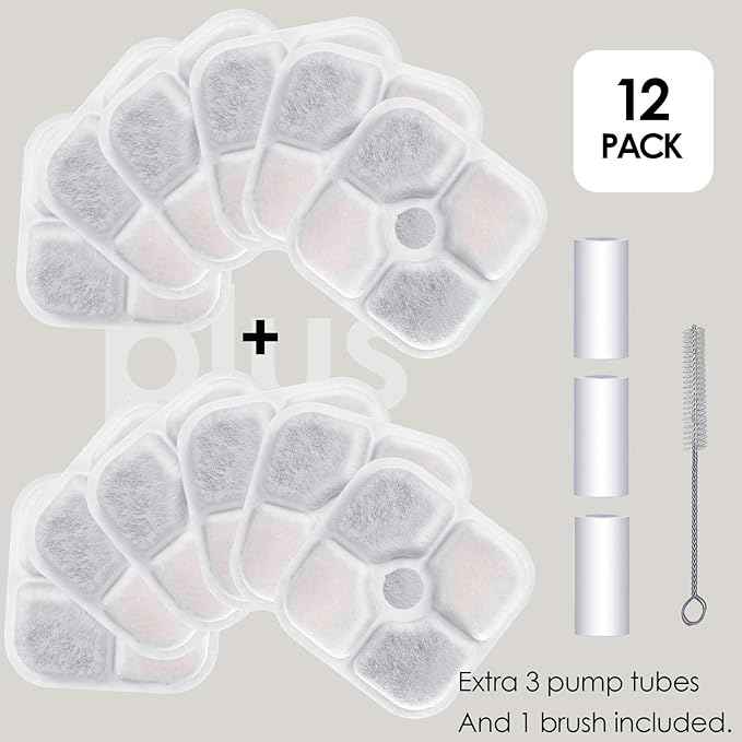 12-Pack Cat Water Fountain Filter Compatible With Catit Pixi Water Fountain Filter Replacement Triple Action Water Filter, 3 Pump Tubes 1 Hard Brush