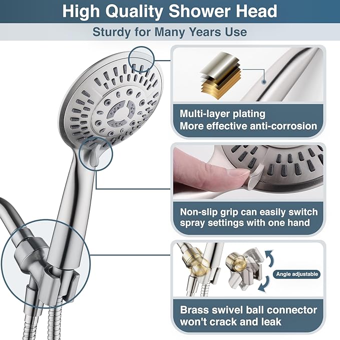 BRIGHT SHOWERS 9 Spray Settings Shower Head with Handheld High Pressure Brushed Nickel Hand Held Showerhead with 60 Inch Stainless Steel Hose and Adjustable Overhead Bracket - AquaVibe