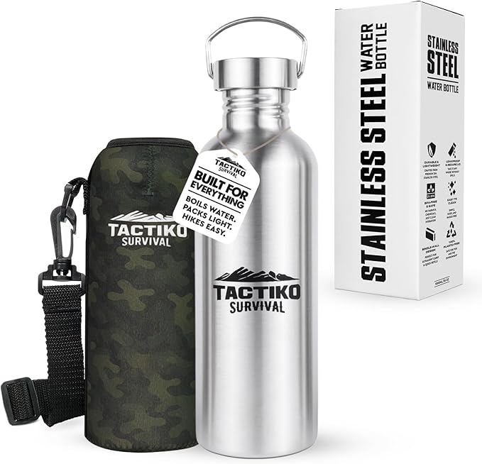 Tactiko Survival 34 oz/1000 ml Stainless Steel Wide Mouth Water Bottle, Single Wall Boil-Safe, Leakproof, BPA-Free with Carry Sleeve and Strap for Camping, Hiking, Outdoor Prep (Camo)