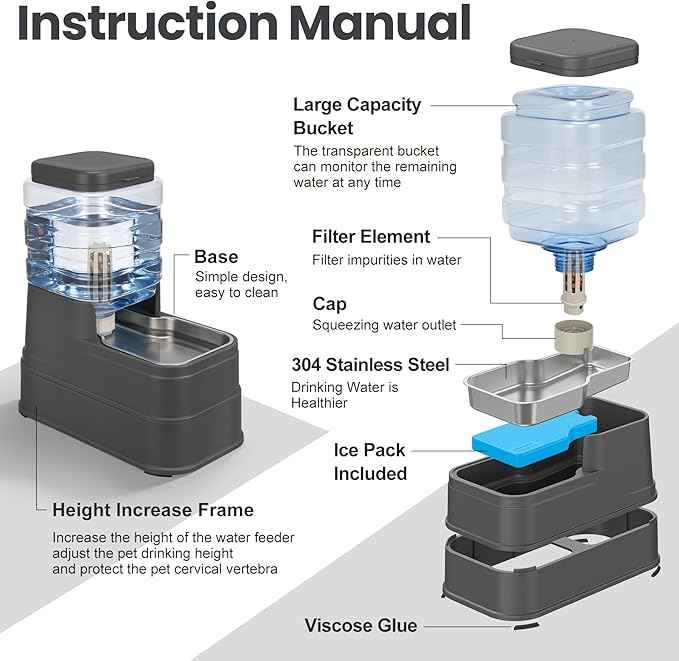 Automatic Cat Water Dispenser Gravity Stainless Steel Water Feeder Dog Waterer Feeder with Wide Mouth Bowl for Small Medium Dog Puppy Kitten (Filter &Ice Pack Included) 1Gallon Gray