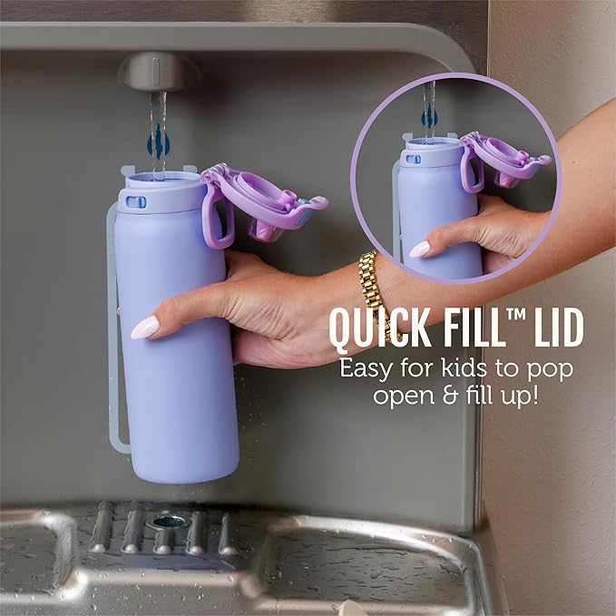 Ello Kids Pop & Fill 18oz Stainless Steel Water Bottle with Quick Fill Technology, Double-Wall Vacuum Insulation, Leak Proof Locking Lid, Sip & Chug, BPA Free, Gifts for Girls Boys, Purple Holographic