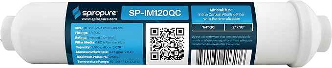 SpiroPure SP-IM120QC Inline Alkaline Carbon Water Filter, MineralPlus Remineralization, 1/4" Quick-Connect 2” x 10”, Remineralizing for RO System, Refrigerators (1 Pack)