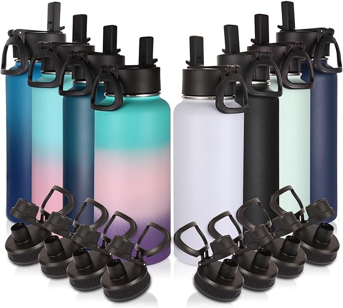 Volhoply 32 oz Insulated Water Bottles Bulk 8 Pack with Straw Lid & Spout Lid,Stainless Steel Sports Water Bottle,Double Wall Vacuum Cups,Leak proof Wide Mouth Metal Flask for Travel(Eight Color,8)