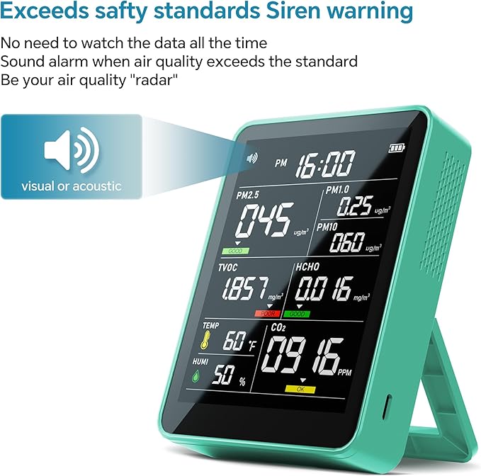 9-in-1 Professional Indoor Air Quality Monitor Portable PM2.5/PM10/CO2, Temperature, Formaldehyde Detector, Humidity TVOC,Time Display Air Quality Tester - Confined Space Clean Air Monitor (Green)