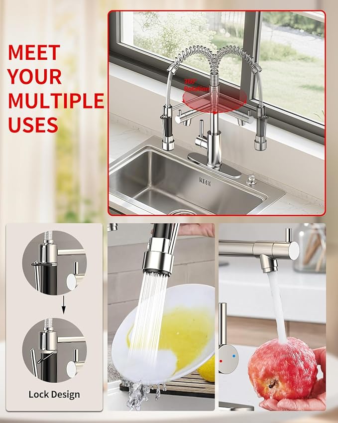 Commercial Pull-Down Kitchen Sink Faucet - Single Handle, Dual Spout, Stainless Steel, with Countertop & Sprayer (Chrome-03)