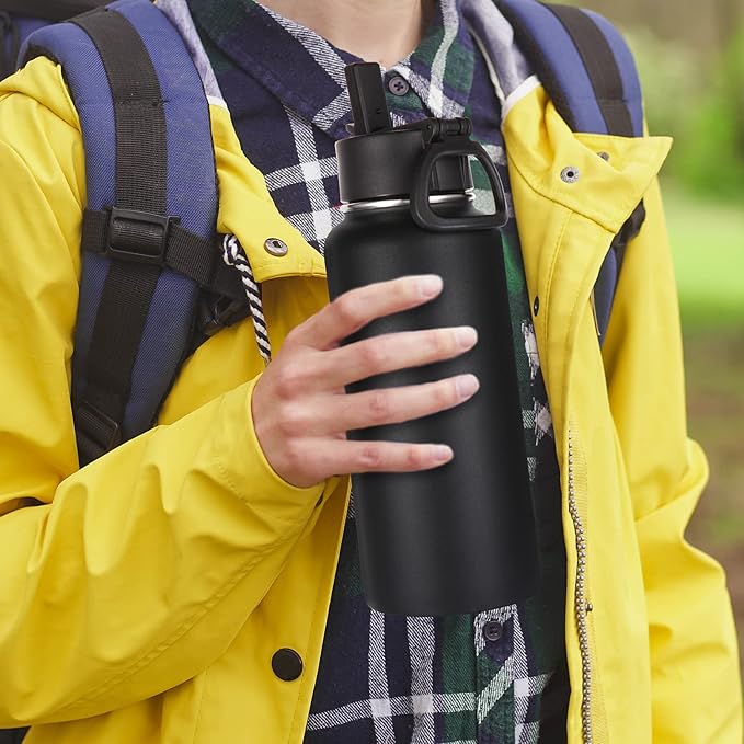 Volhoply 32 oz Insulated Water Bottle with Straw Lid and Spout Lid,Stainless Steel Sports Water Bottle,Double Wall Vacuum Cups,Leakproof Metal Flask with Wide Mouth for Hiking,Camping(Black,1)