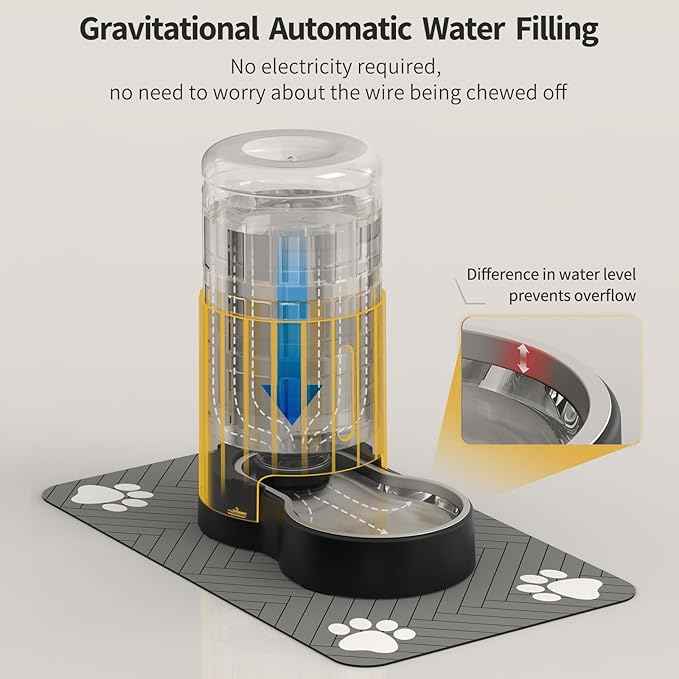 Cat Water Dispenser with Placemat and Stainless Steel Bowl, Automatic Gravity Water Dispenser for Cats or Small Medium Size Dogs, Large Capacity, Easy to Clean and Safe for Pets (4L Black)