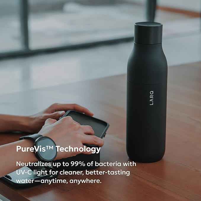 LARQ Bottle PureVis 25 oz - Self-Cleaning and Insulated Stainless Steel Water Bottle with UV Water Purifier and Award-winning Design | Reusable & Travel Friendly, Obsidian Black