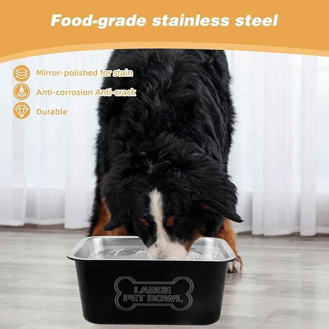 3 Gallons Large Dog Water Bowl, Stainless Steel Metal Dog Bowls, Large Capacity Pet Food Bowl Water Dish for Indoor and Outdoor Universal for Medium to Giant Dogs Black