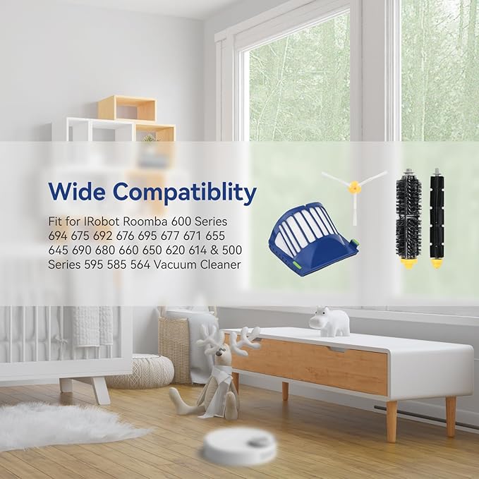 Replacement Accessories Kit for iRobot Roomba 600 Series 694 675 692 676 695 677 671 655 645 690 680 660 650 620 614 & 500 Series 595 585 564 robot- 6 Filter, 6 Side Brush and 3 Bristle Brush - AquaVibe