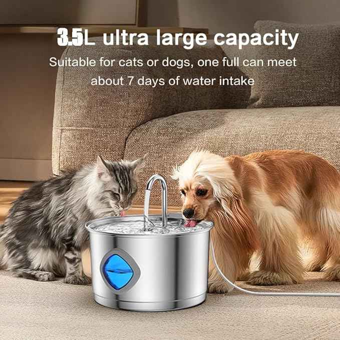 Dog Water Bowl, Set It Once - Fresh Water 24/7, 100% Safe for All Dogs, Dog Bowl with Always Clean, Never Slimy, 108oz Stainless Steel Water Fountain (Single, 8filter)